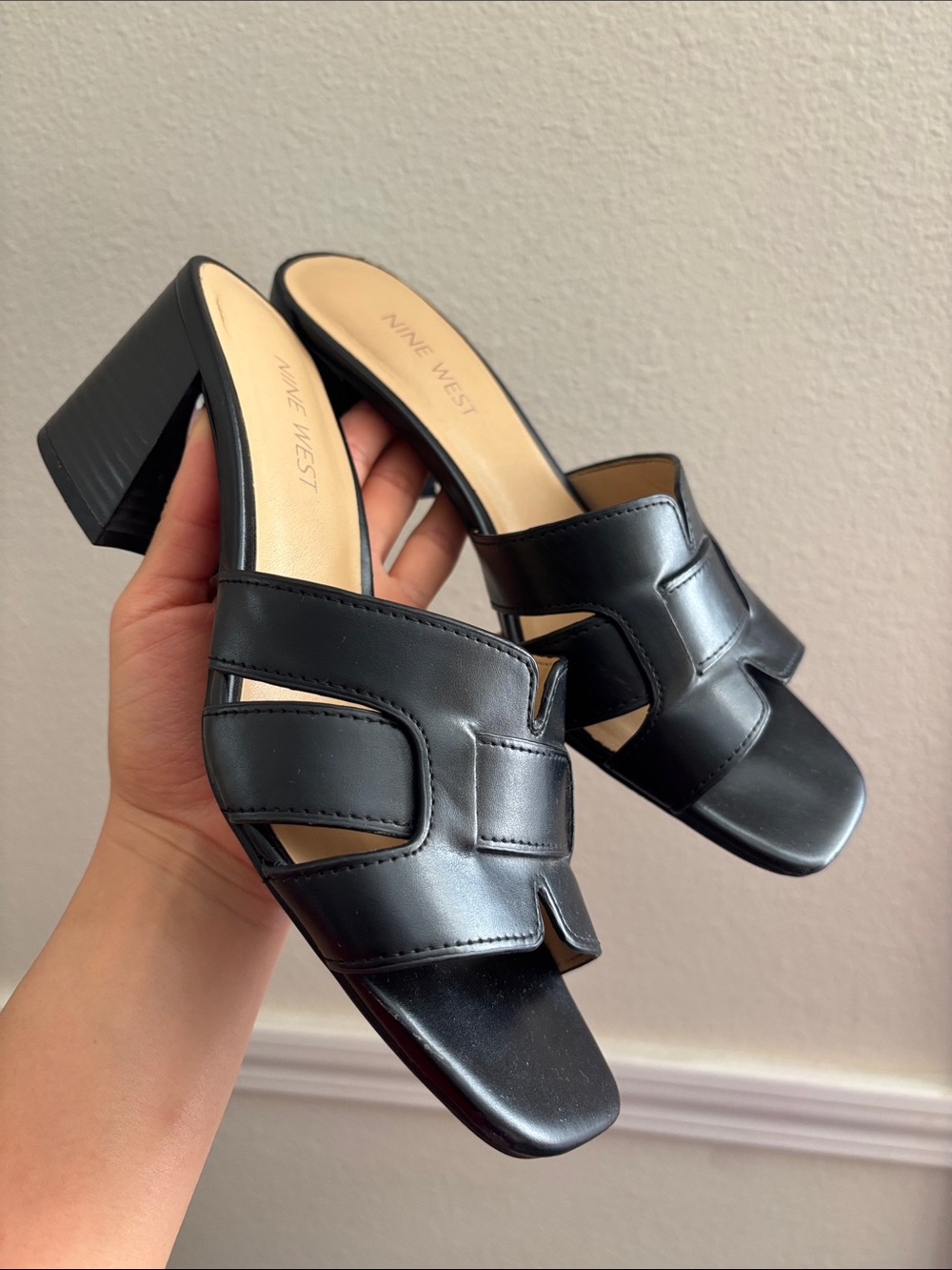 Nine West Black Leather Block Heel Mule Sandals